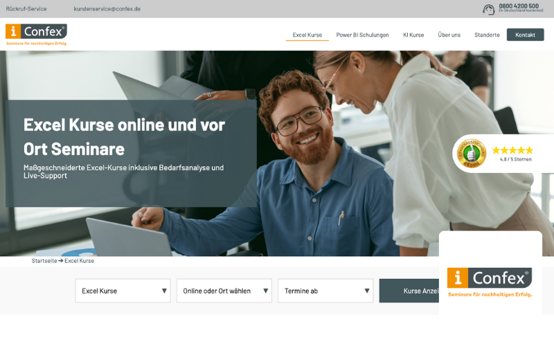 Excel Kurse online und vor Ort Seminare, Website von Confex