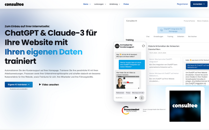 Webseite von Consultee AI mit Logo
