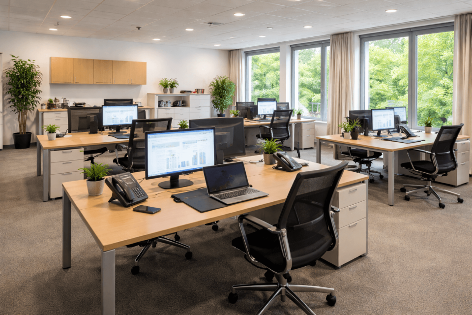 Großes Büro mit mehreren und vollausgestatteten Arbeitsplätzen